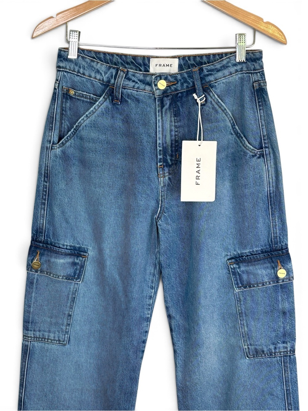 NWT FRAME The Baggy Cargo Jeans Medium Blue Wash Size 25 Cotton Lyocell *Read - Picture 2 of 13